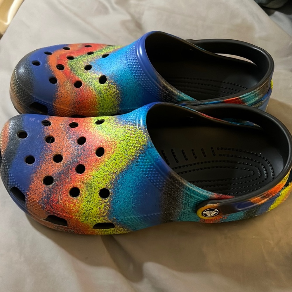Crocs Unisex-Adult Classic Tie Dye Clogs men size 10 woman size 12 multi spray